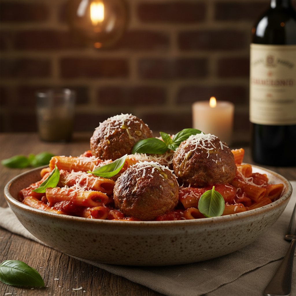 Bowl of ziti pasta with meatballs in marinara sauce
